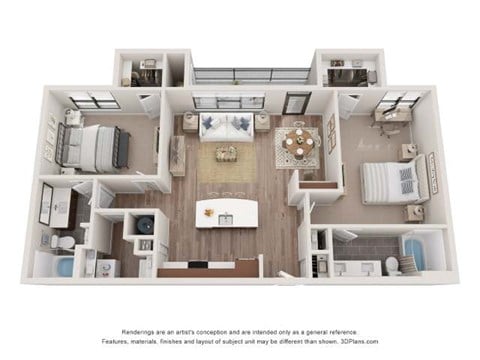 Floor plan for 2 beds, 2 baths, 1102 sqft